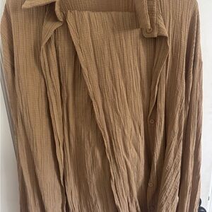Tan Crinkled Button-Up Shirt and Pants Set